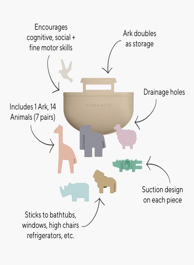 Ryan & Rose Noah's Ark Suction Toys - 1 Ark, 14 Animals (7 Pairs) - Toddler Bath Toys, Baptism Gifts for Boys, Mold Free No Hole Silicone - Image 2